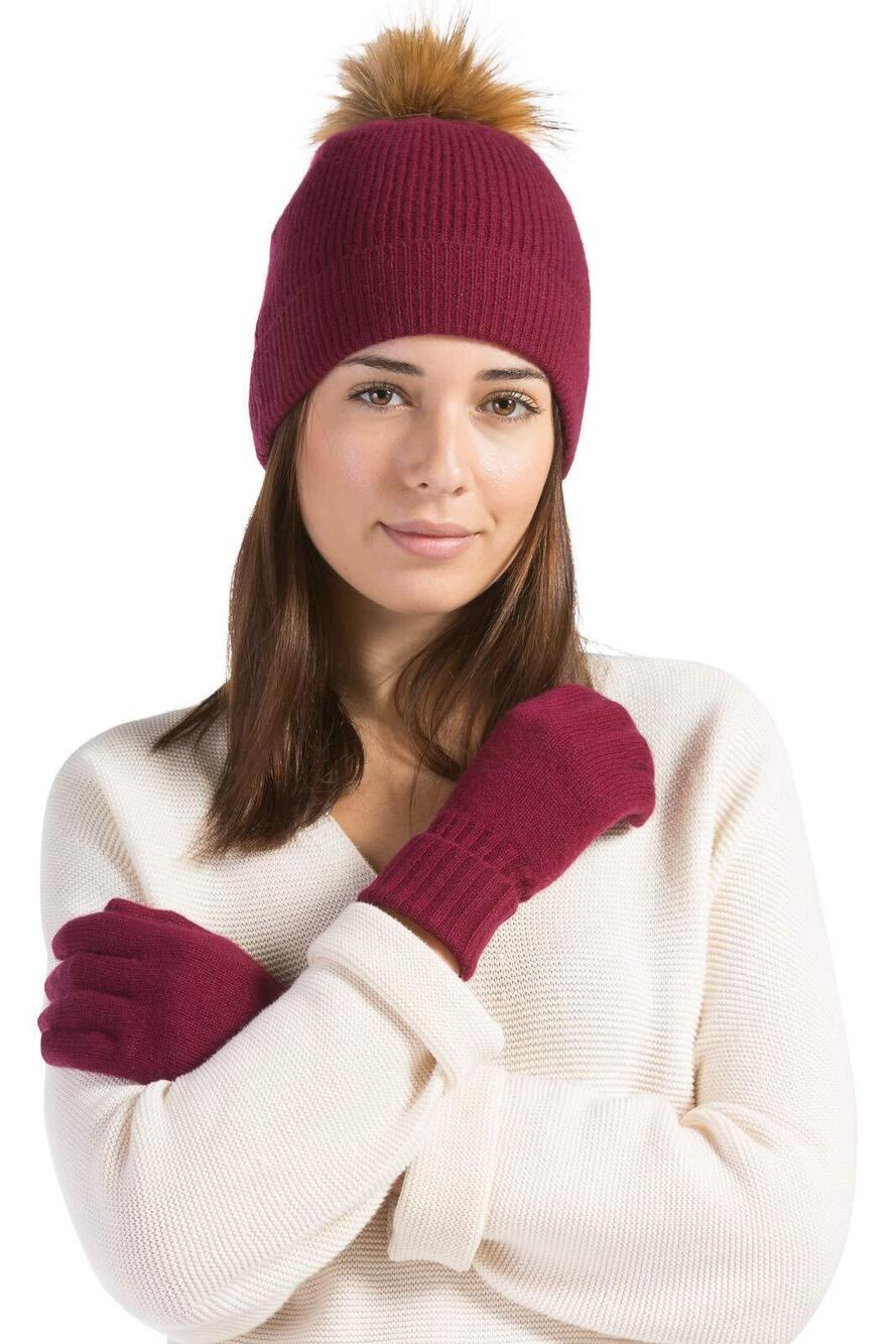 6841 Cashmere Pom Hat and Glove Set; Gift Box Cabernet